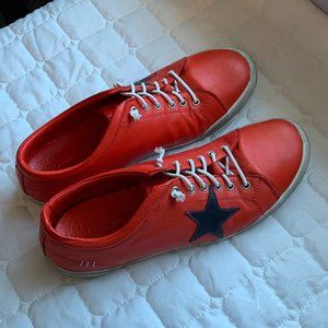 Lemon Lime Leather Red-Orange Sneakers with Blue Star